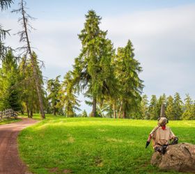 Waldweg mit Holzzaun und einer Figur aus Stoff und Metall auf einem Felsen am Wegesrand.